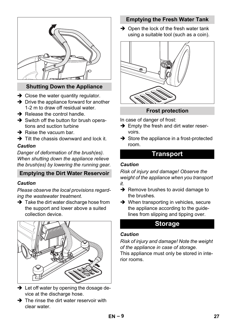 Transport storage | Karcher BD 530 Bp User Manual | Page 27 / 384