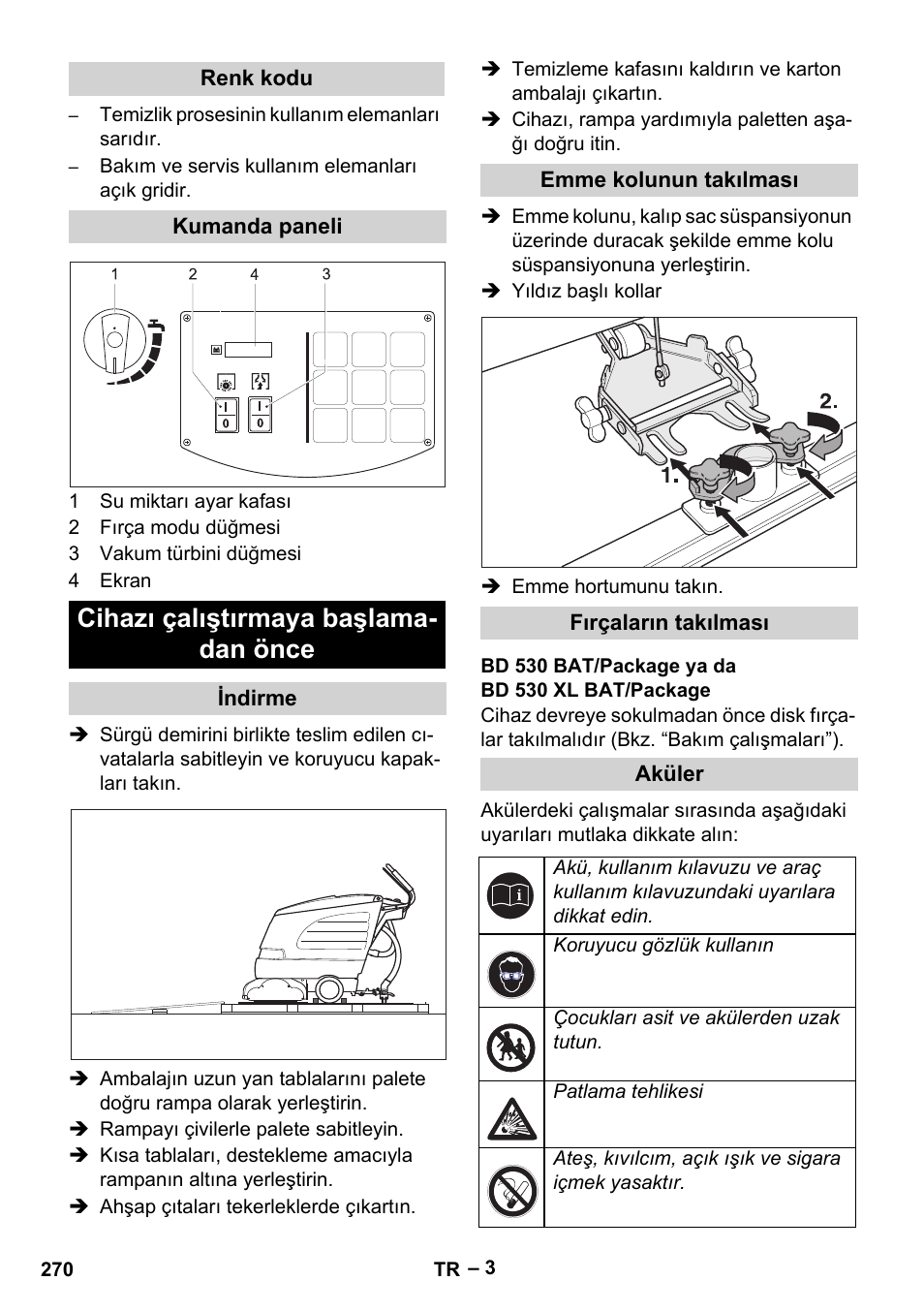 Cihazı çalıştırmaya başlama- dan önce | Karcher BD 530 Bp User Manual | Page 270 / 384