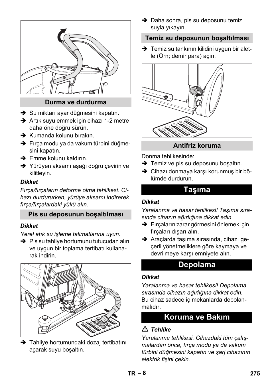 Taşıma depolama koruma ve bakım | Karcher BD 530 Bp User Manual | Page 275 / 384
