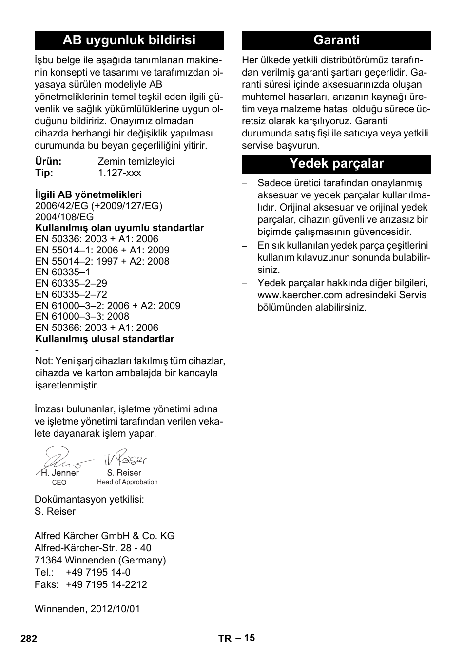 Ab uygunluk bildirisi, Garanti yedek parçalar | Karcher BD 530 Bp User Manual | Page 282 / 384