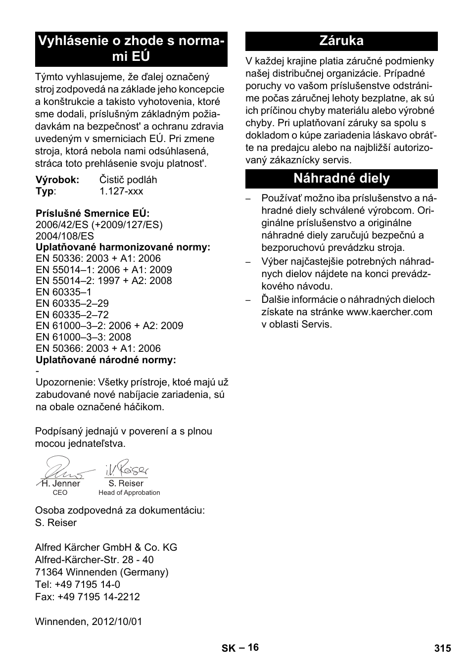 Vyhlásenie o zhode s norma- mi eú, Záruka náhradné diely | Karcher BD 530 Bp User Manual | Page 315 / 384