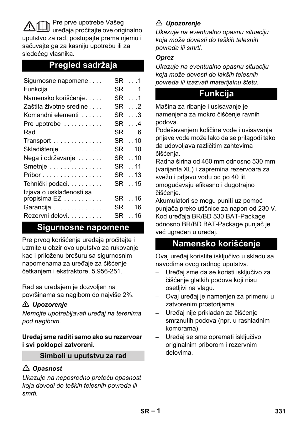Srpski, Pregled sadržaja, Sigurnosne napomene | Funkcija namensko korišćenje | Karcher BD 530 Bp User Manual | Page 331 / 384