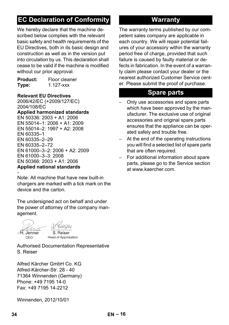 Ec declaration of conformity, Warranty spare parts | Karcher BD 530 Bp User Manual | Page 34 / 384