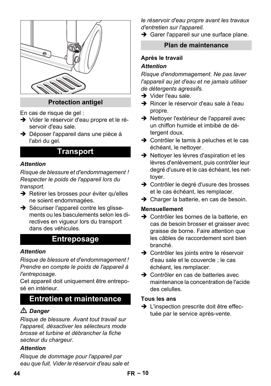 Transport entreposage entretien et maintenance | Karcher BD 530 Bp User Manual | Page 44 / 384
