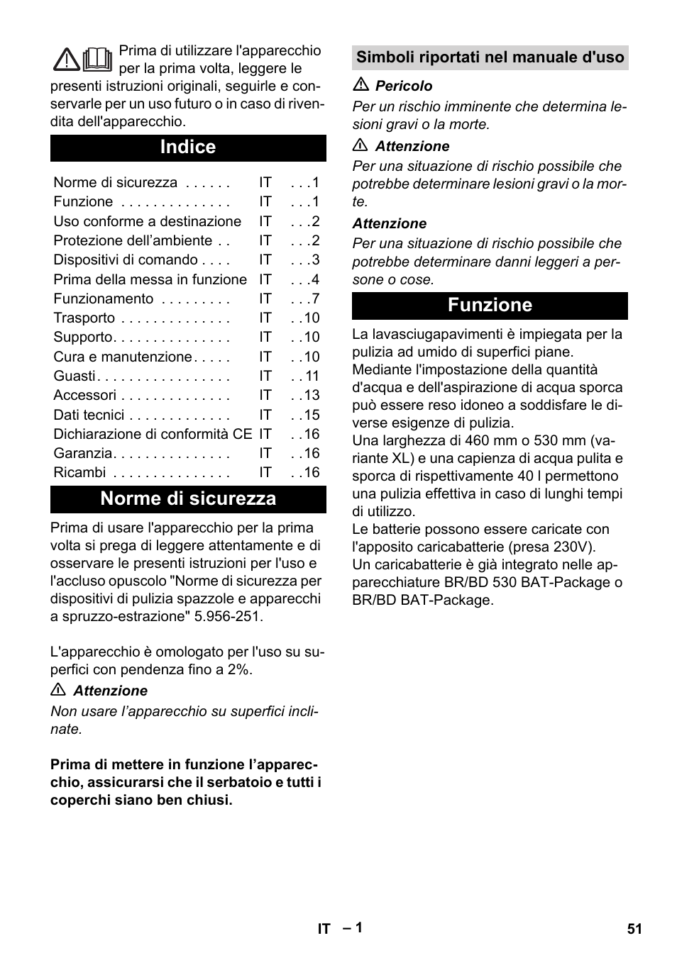 Italiano, Indice, Norme di sicurezza | Funzione | Karcher BD 530 Bp User Manual | Page 51 / 384