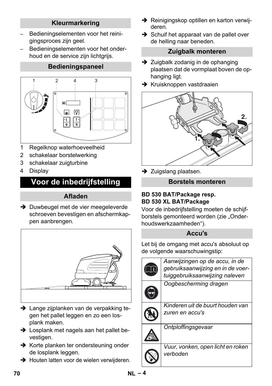 Voor de inbedrijfstelling | Karcher BD 530 Bp User Manual | Page 70 / 384