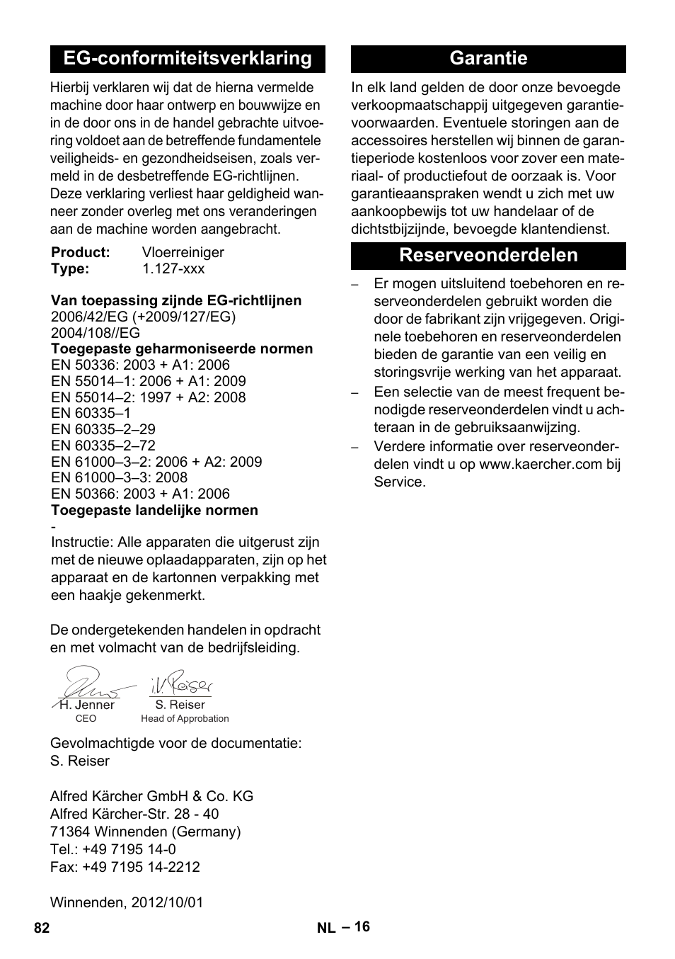 Eg-conformiteitsverklaring, Garantie reserveonderdelen | Karcher BD 530 Bp User Manual | Page 82 / 384