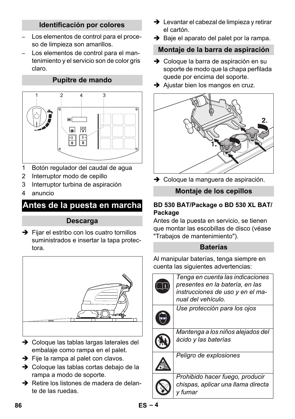 Antes de la puesta en marcha | Karcher BD 530 Bp User Manual | Page 86 / 384