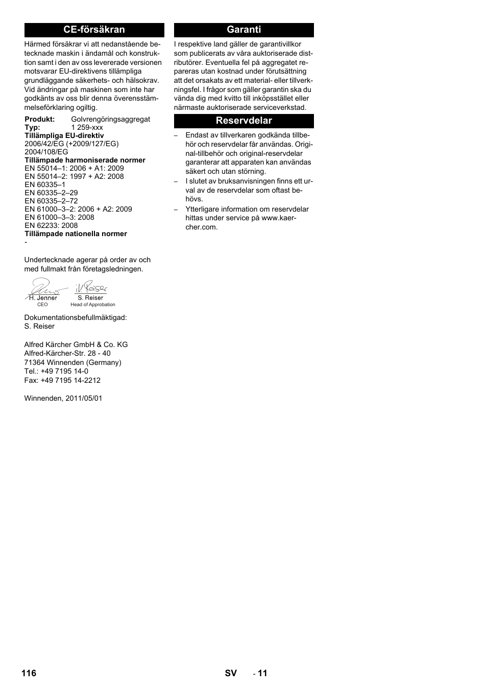 Ce-försäkran, Garanti reservdelar | Karcher B 80 W Bp Pack User Manual | Page 116 / 260