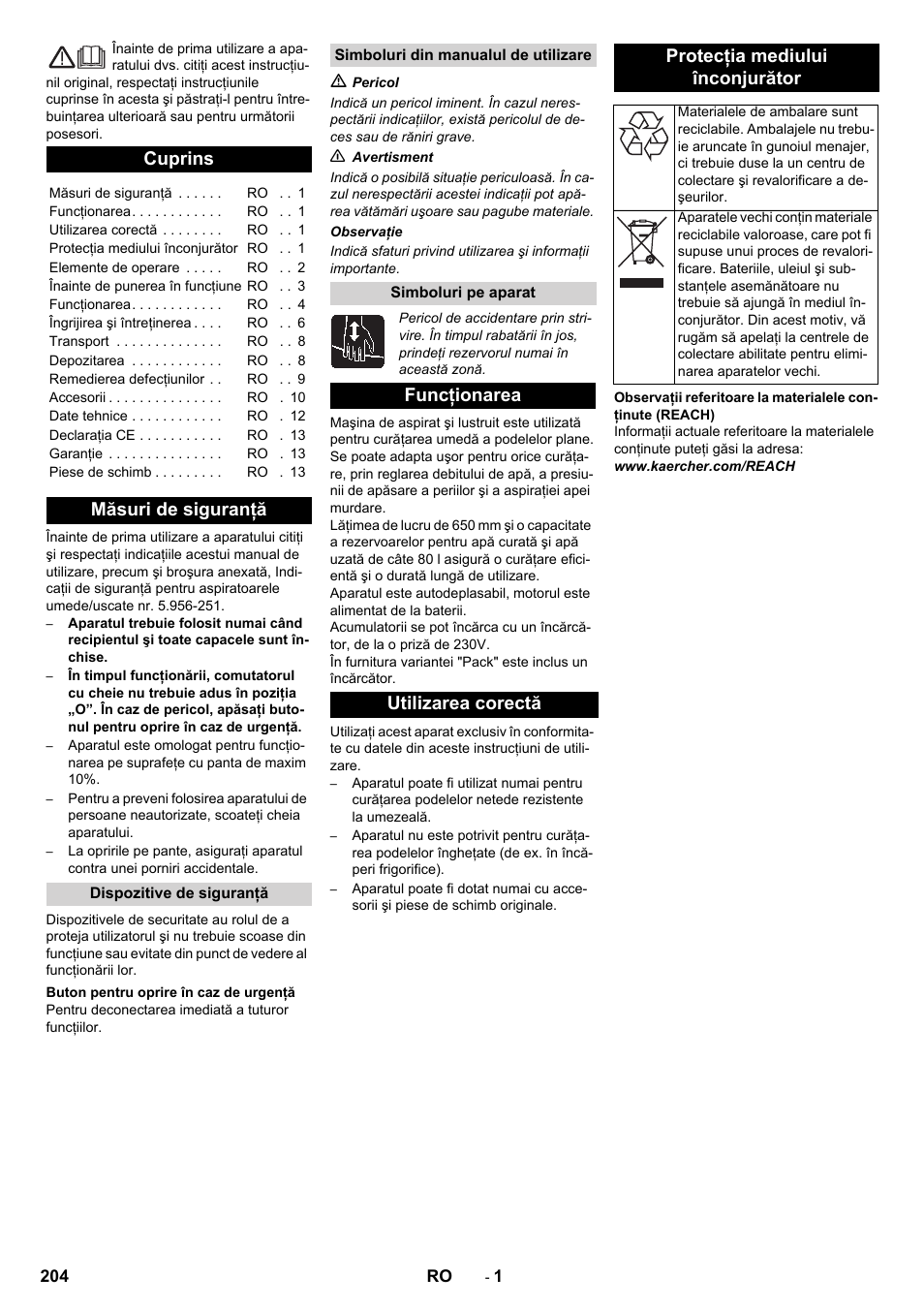 Româneşte, Românete, Cuprins | Măsuri de siguranţă | Karcher B 80 W Bp Pack User Manual | Page 204 / 260