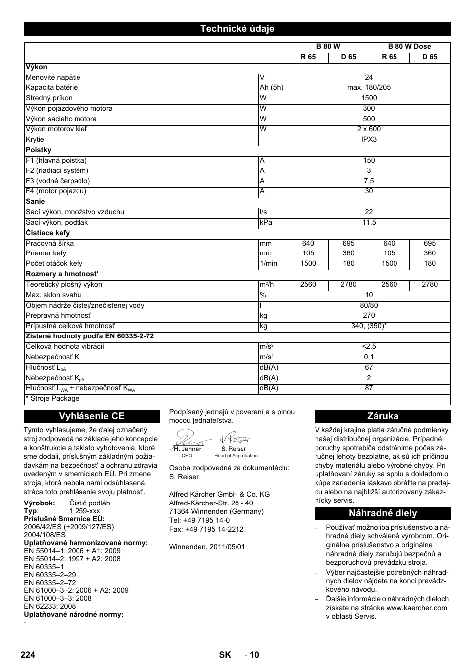 Technické údaje, Vyhlásenie ce, Záruka náhradné diely | Karcher B 80 W Bp Pack User Manual | Page 224 / 260