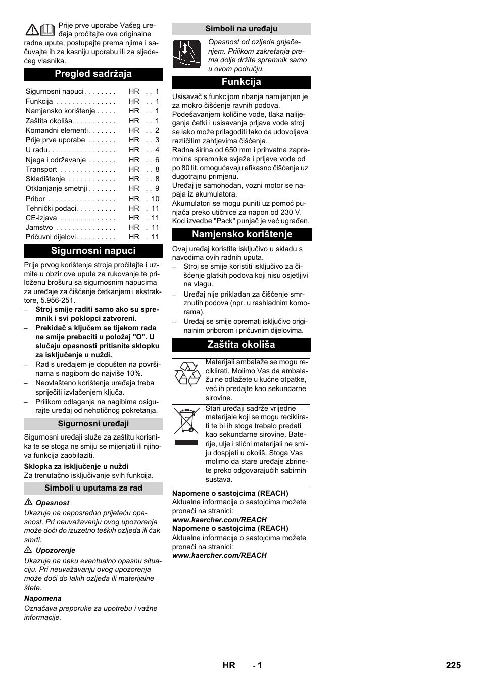 Hrvatski, Pregled sadržaja, Sigurnosni napuci | Funkcija namjensko korištenje zaštita okoliša | Karcher B 80 W Bp Pack User Manual | Page 225 / 260