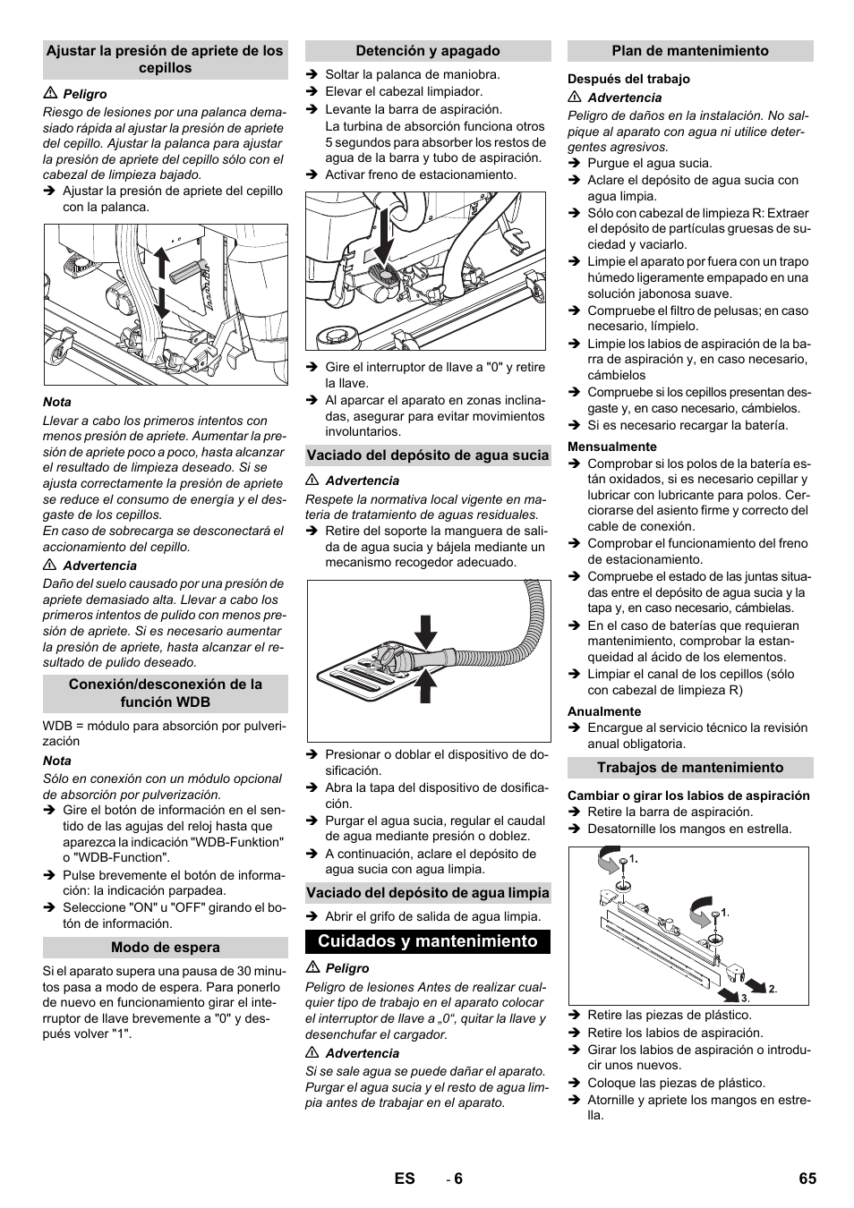 Cuidados y mantenimiento | Karcher B 80 W Bp Pack User Manual | Page 65 / 260