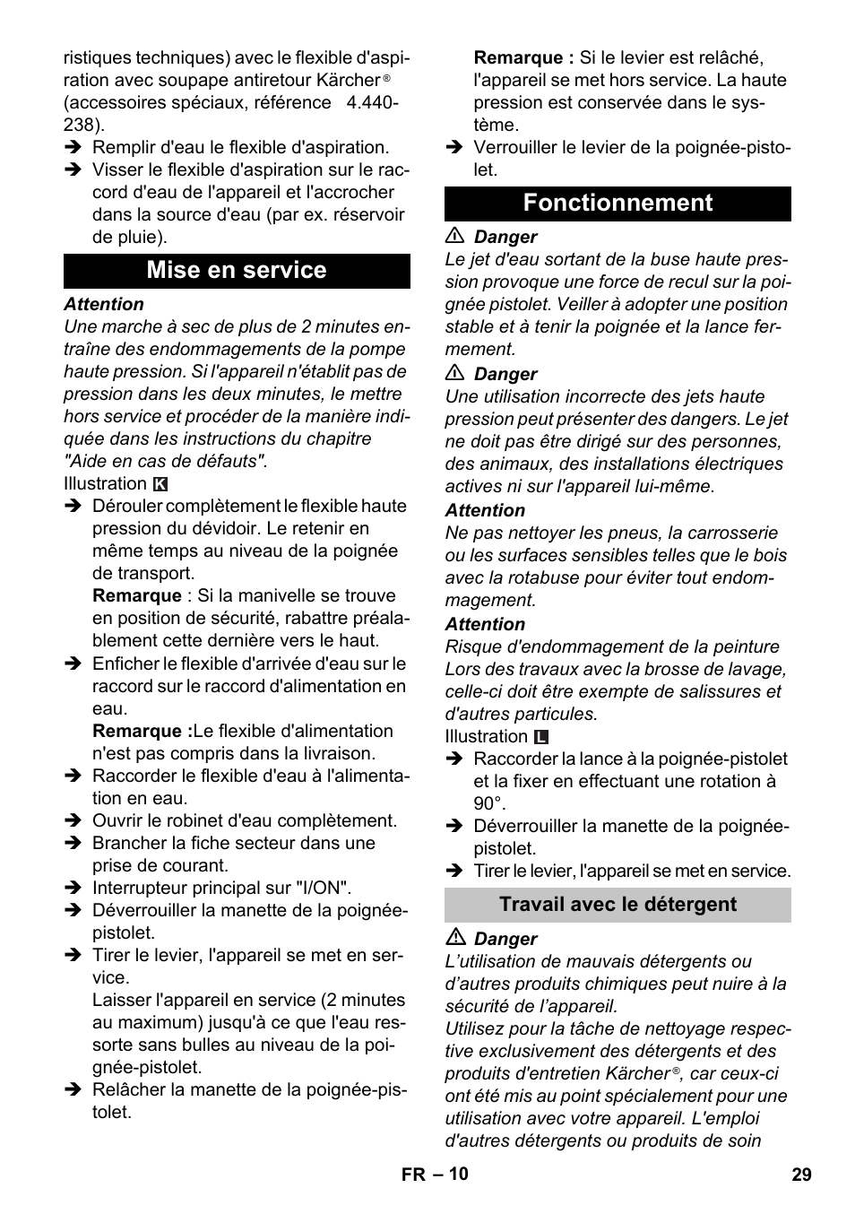 Mise en service, Fonctionnement, Travail avec le détergent | Mise en service fonctionnement | Karcher K 7 Premium User Manual | Page 29 / 288