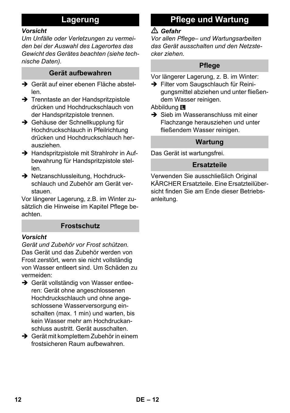 Lagerung, Gerät aufbewahren, Frostschutz | Pflege und wartung, Pflege, Wartung, Ersatzteile | Karcher K 4-600 User Manual | Page 12 / 262