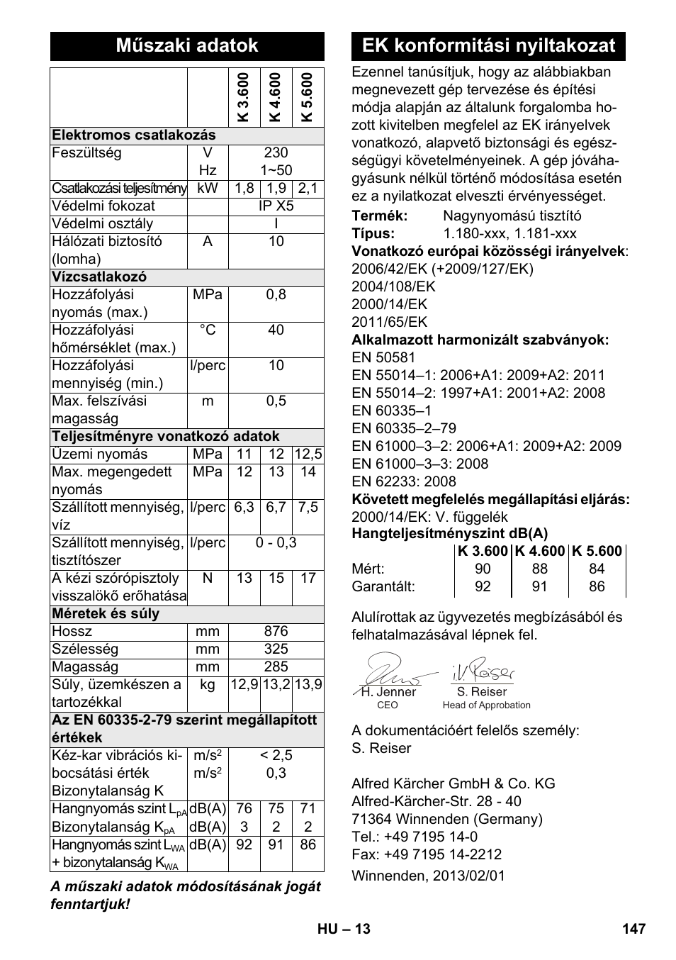 Műszaki adatok, Ek konformitási nyiltakozat | Karcher K 4-600 User Manual | Page 147 / 262