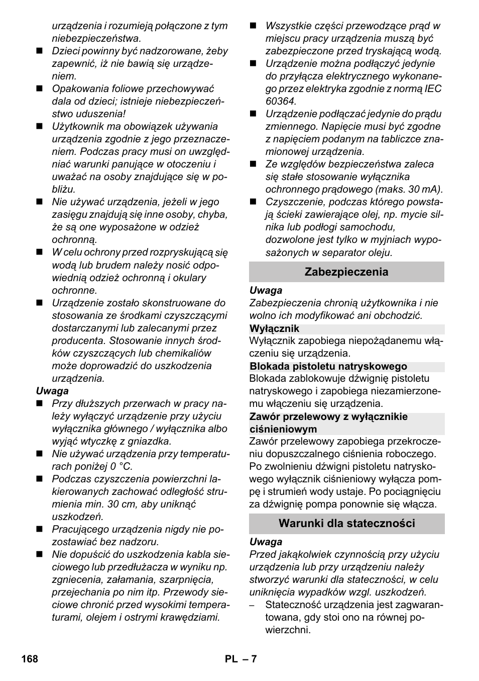 Zabezpieczenia, Wyłącznik, Blokada pistoletu natryskowego | Zawór przelewowy z wyłącznikie ciśnieniowym, Warunki dla stateczności | Karcher K 4-600 User Manual | Page 168 / 262