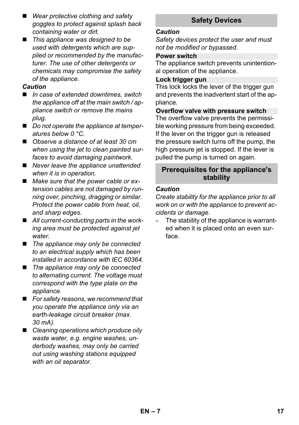 Safety devices, Power switch, Lock trigger gun | Overflow valve with pressure switch, Prerequisites for the appliance's stability | Karcher K 4-600 User Manual | Page 17 / 262