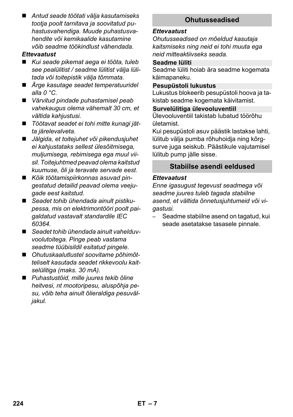 Ohutusseadised, Seadme lüliti, Pesupüstoli lukustus | Survelülitiga ülevooluventiil, Stabiilse asendi eeldused | Karcher K 4-600 User Manual | Page 224 / 262