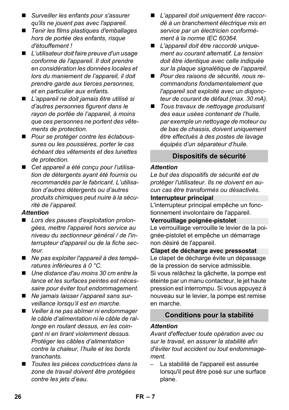 Dispositifs de sécurité, Interrupteur principal, Verrouillage poignée-pistolet | Clapet de décharge avec pressostat, Conditions pour la stabilité | Karcher K 4-600 User Manual | Page 26 / 262