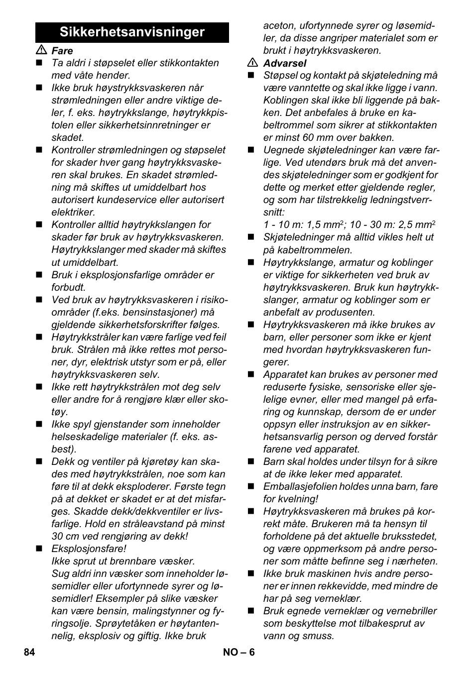 Sikkerhetsanvisninger | Karcher K 4-600 User Manual | Page 84 / 262