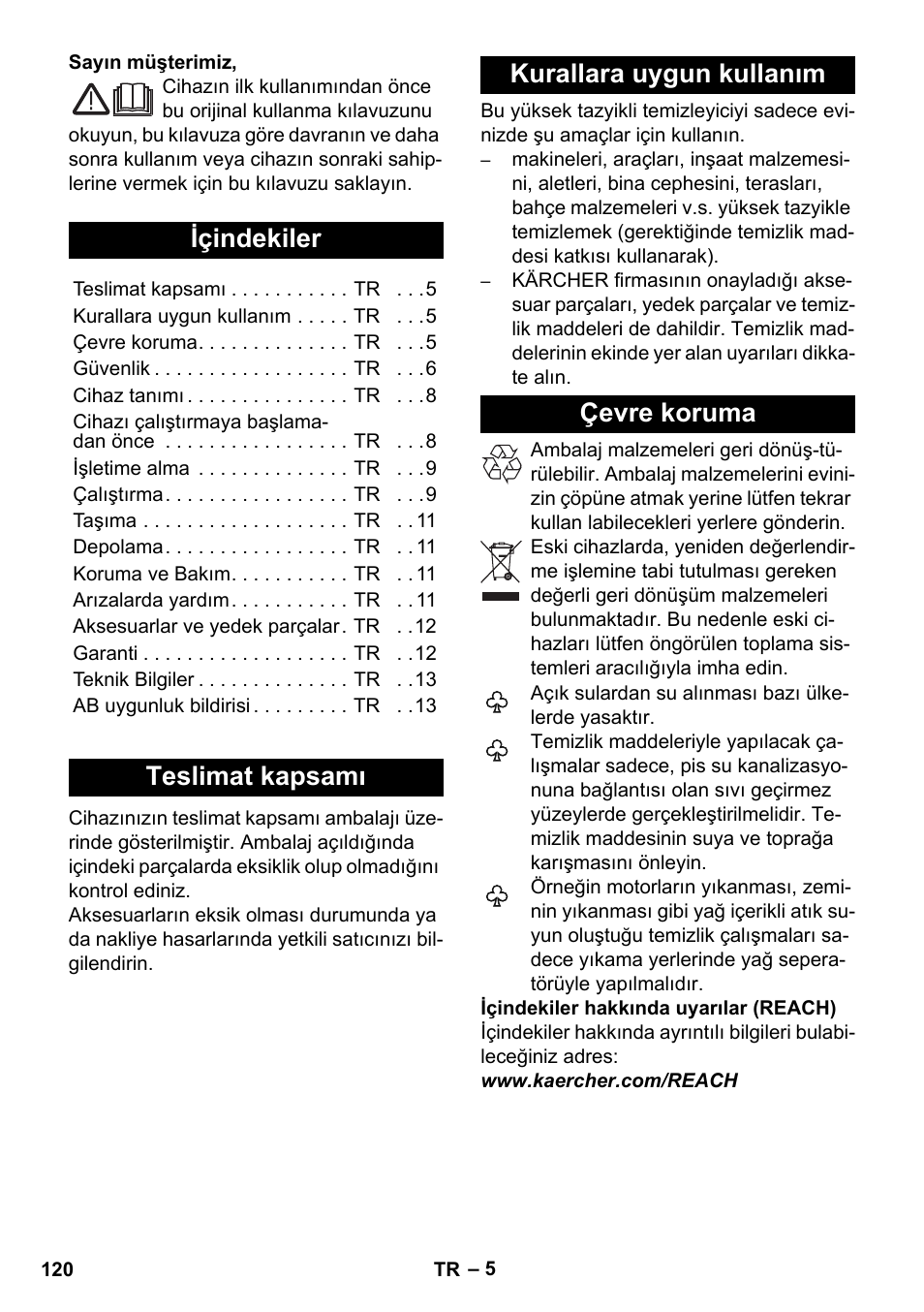 Türkçe, Içindekiler, Teslimat kapsamı | Kurallara uygun kullanım, Çevre koruma | Karcher K 5 Compact User Manual | Page 120 / 278