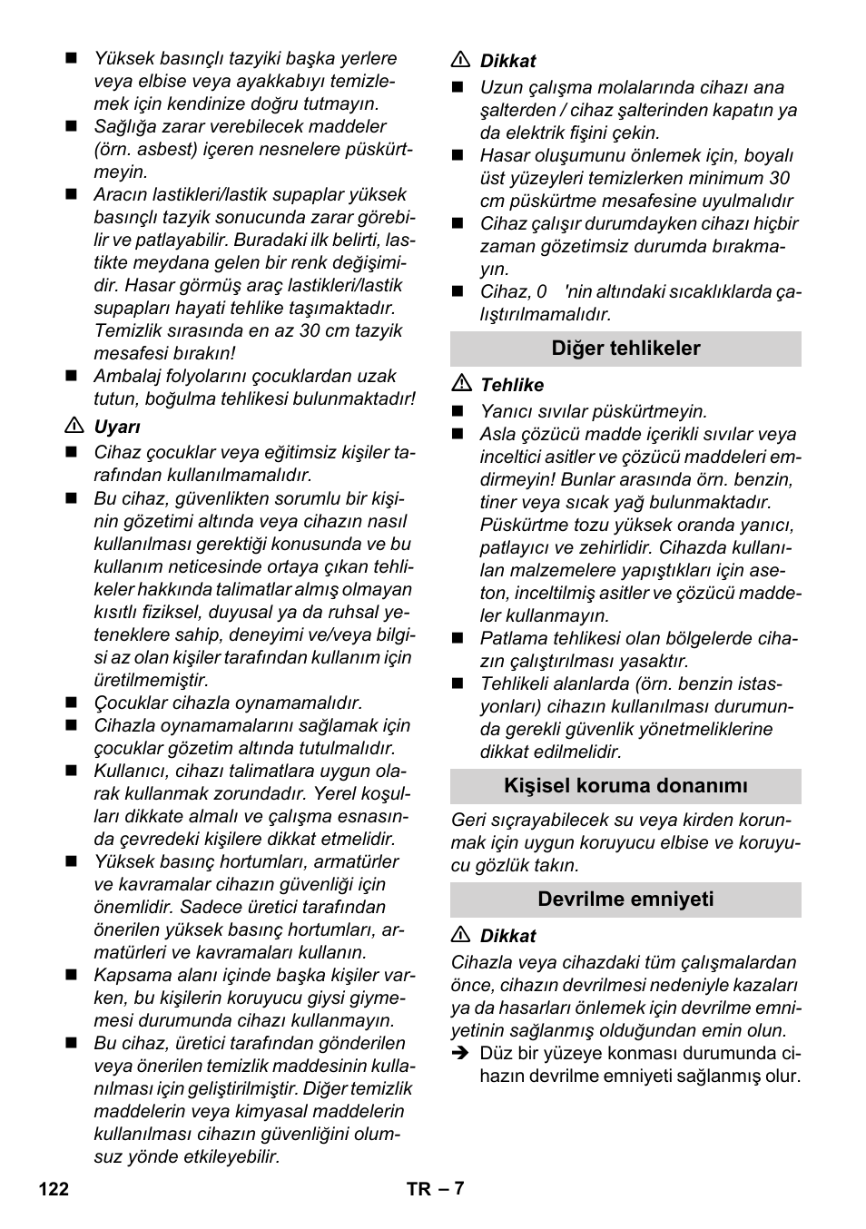 Diğer tehlikeler, Kişisel koruma donanımı, Devrilme emniyeti | Karcher K 5 Compact User Manual | Page 122 / 278