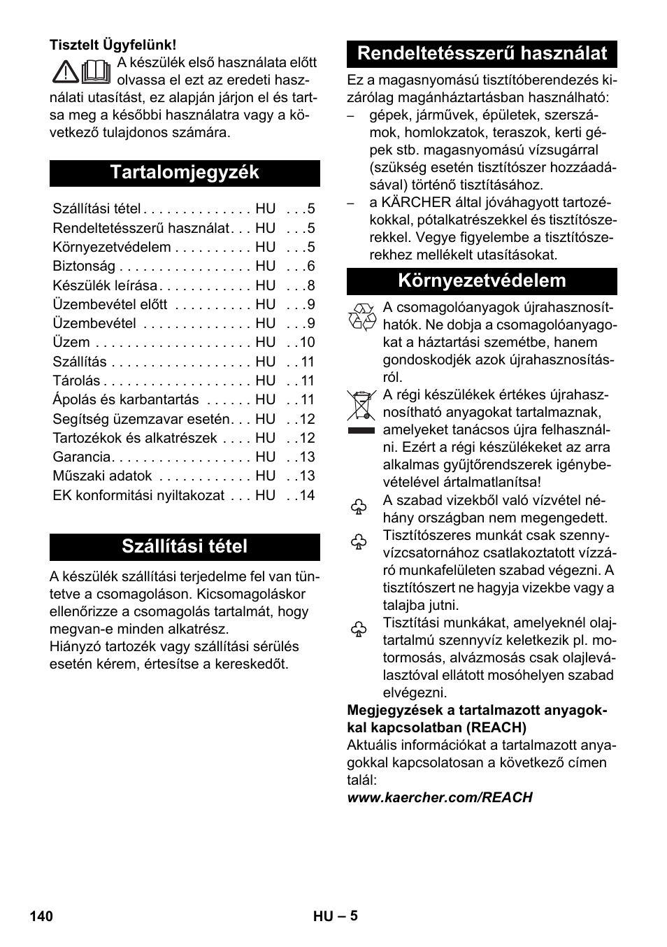 Magyar, Tartalomjegyzék, Szállítási tétel | Rendeltetésszerű használat, Környezetvédelem | Karcher K 5 Compact User Manual | Page 140 / 278