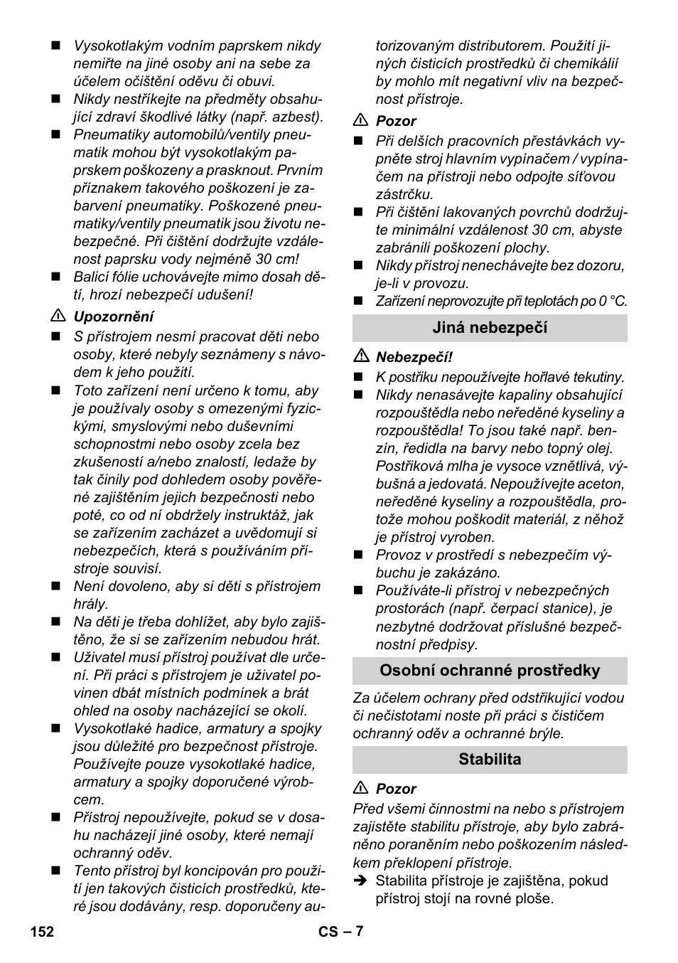 Jiná nebezpečí, Osobní ochranné prostředky, Stabilita | Karcher K 5 Compact User Manual | Page 152 / 278