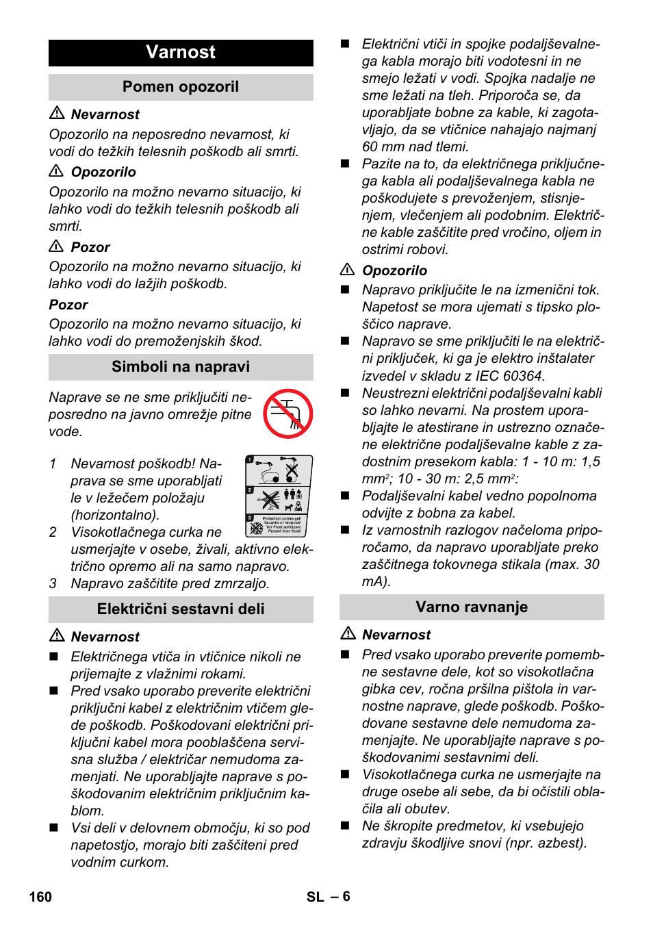 Varnost, Pomen opozoril, Simboli na napravi | Električni sestavni deli, Varno ravnanje | Karcher K 5 Compact User Manual | Page 160 / 278