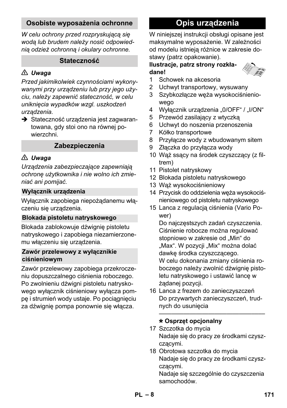 Osobiste wyposażenia ochronne, Stateczność, Zabezpieczenia | Wyłącznik urządzenia, Blokada pistoletu natryskowego, Zawór przelewowy z wyłącznikie ciśnieniowym, Opis urządzenia | Karcher K 5 Compact User Manual | Page 171 / 278