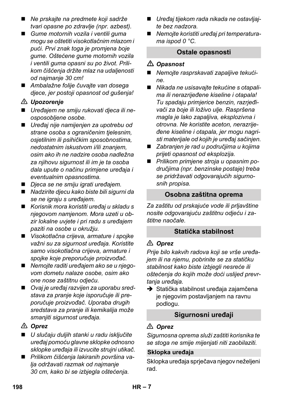 Ostale opasnosti, Osobna zaštitna oprema, Statička stabilnost | Sigurnosni uređaji, Sklopka uređaja | Karcher K 5 Compact User Manual | Page 198 / 278