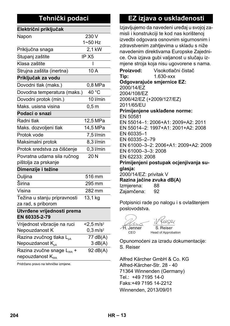 Tehnički podaci, Ez izjava o usklađenosti | Karcher K 5 Compact User Manual | Page 204 / 278