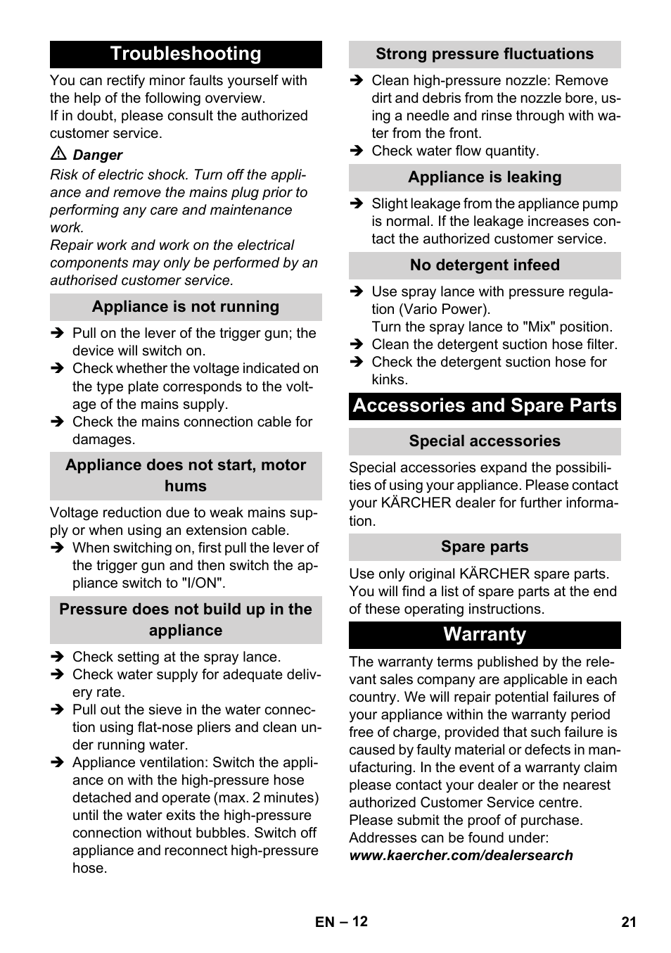 Troubleshooting, Appliance is not running, Appliance does not start, motor hums | Pressure does not build up in the appliance, Strong pressure fluctuations, Appliance is leaking, No detergent infeed, Accessories and spare parts, Special accessories, Spare parts | Karcher K 5 Compact User Manual | Page 21 / 278