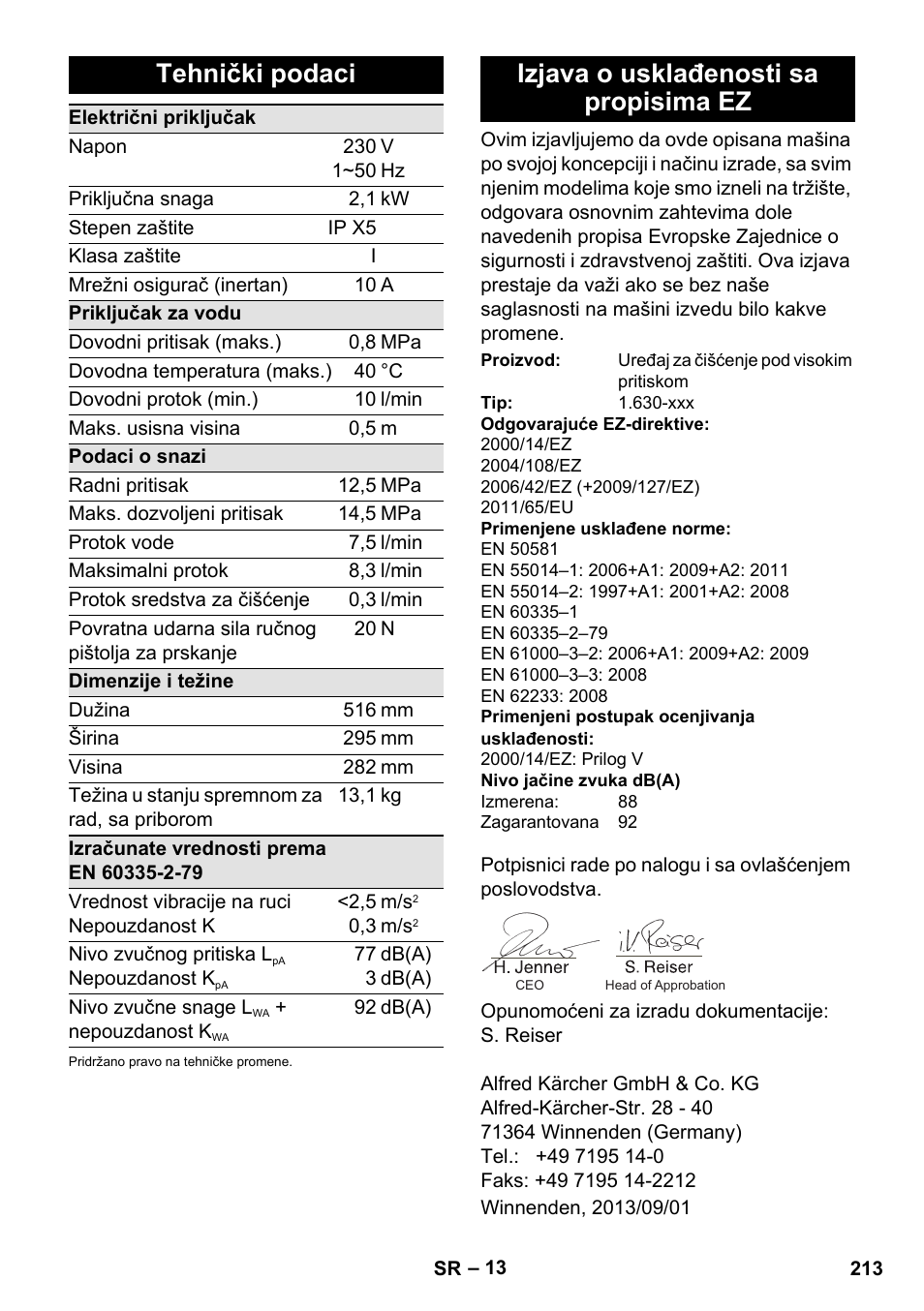 Tehnički podaci, Izjava o usklađenosti sa propisima ez | Karcher K 5 Compact User Manual | Page 213 / 278