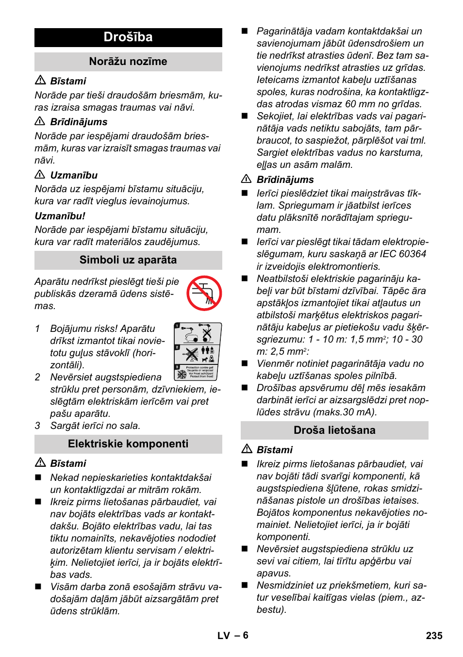 Drošība, Norāžu nozīme, Simboli uz aparāta | Elektriskie komponenti, Droša lietošana | Karcher K 5 Compact User Manual | Page 235 / 278