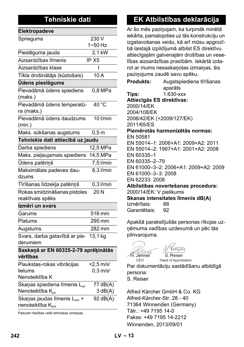 Tehniskie dati, Ek atbilstības deklarācija | Karcher K 5 Compact User Manual | Page 242 / 278