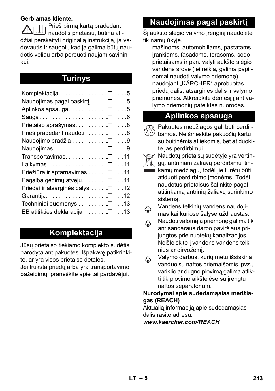 Lietuviškai, Turinys, Komplektacija | Naudojimas pagal paskirtį, Aplinkos apsauga | Karcher K 5 Compact User Manual | Page 243 / 278