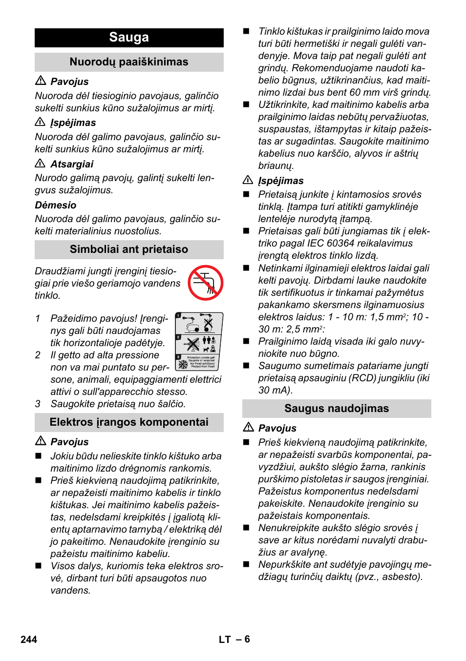 Sauga, Nuorodų paaiškinimas, Simboliai ant prietaiso | Elektros įrangos komponentai, Saugus naudojimas | Karcher K 5 Compact User Manual | Page 244 / 278