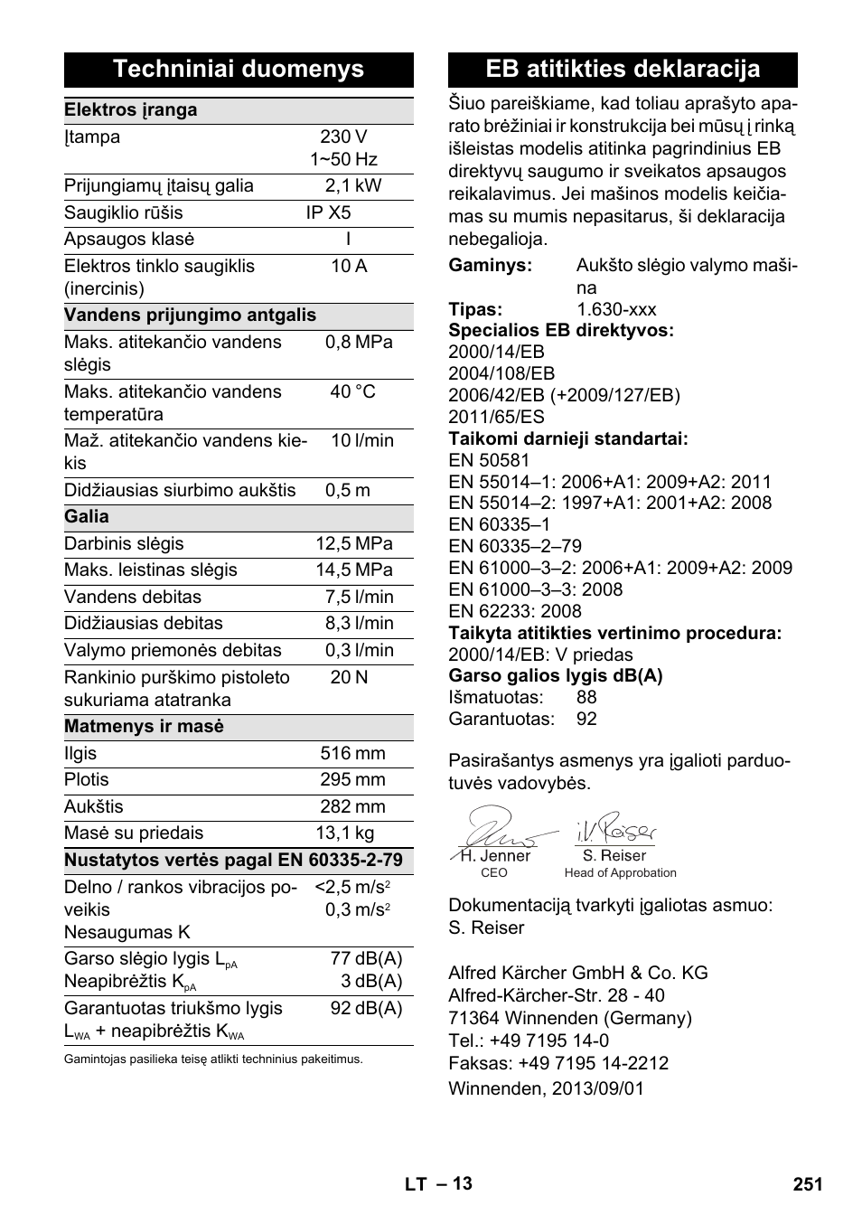 Techniniai duomenys, Eb atitikties deklaracija | Karcher K 5 Compact User Manual | Page 251 / 278