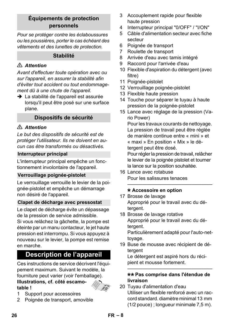 Équipements de protection personnels, Stabilité, Dispositifs de sécurité | Interrupteur principal, Verrouillage poignée-pistolet, Clapet de décharge avec pressostat, Description de l’appareil | Karcher K 5 Compact User Manual | Page 26 / 278