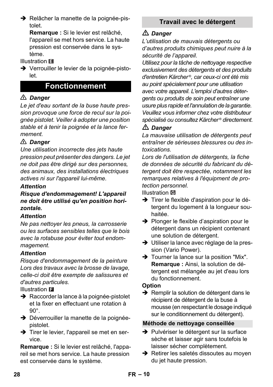 Fonctionnement, Travail avec le détergent, Méthode de nettoyage conseillée | Karcher K 5 Compact User Manual | Page 28 / 278