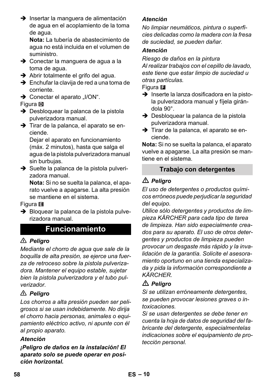 Funcionamiento, Trabajo con detergentes | Karcher K 5 Compact User Manual | Page 58 / 278