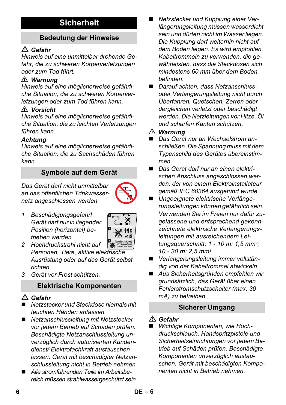 Sicherheit, Bedeutung der hinweise, Symbole auf dem gerät | Elektrische komponenten, Sicherer umgang | Karcher K 5 Compact User Manual | Page 6 / 278