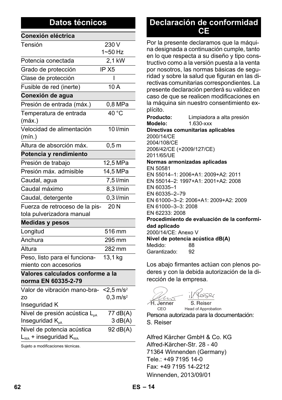 Datos técnicos, Declaración de conformidad ce | Karcher K 5 Compact User Manual | Page 62 / 278