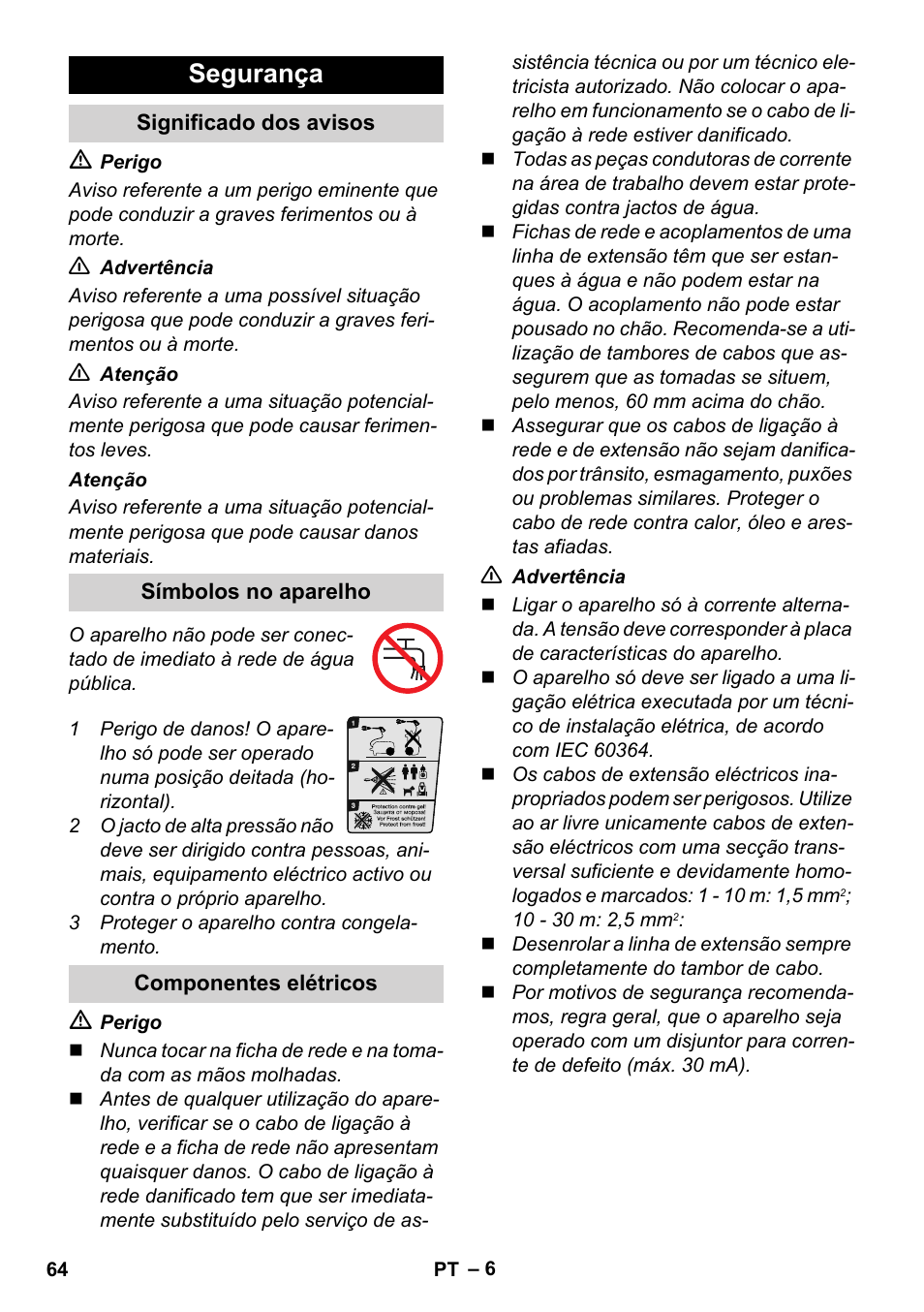 Segurança, Significado dos avisos, Símbolos no aparelho | Componentes elétricos | Karcher K 5 Compact User Manual | Page 64 / 278