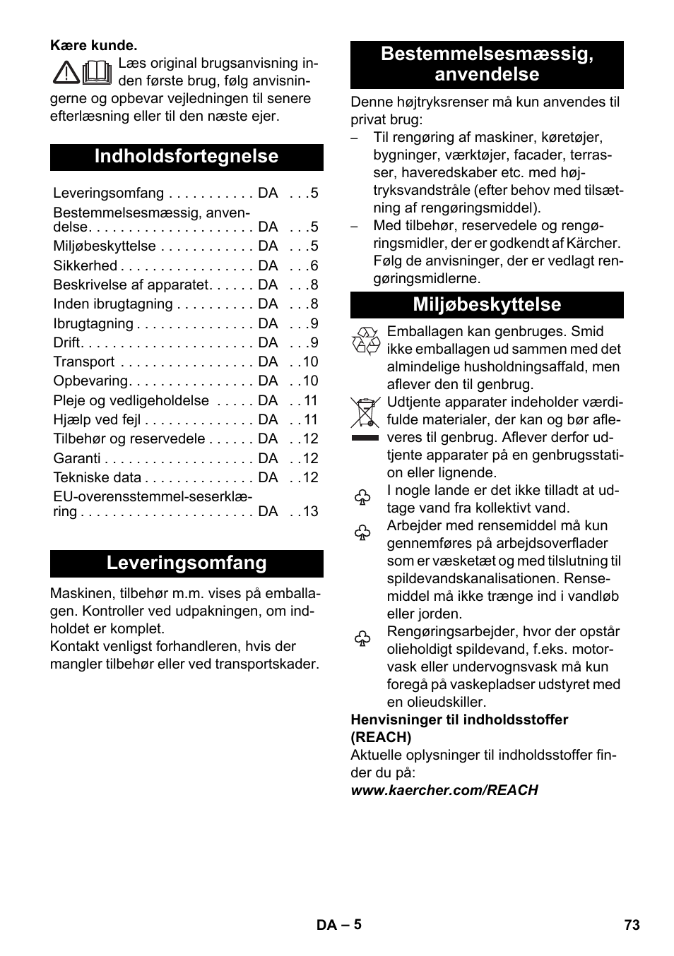 Dansk, Indholdsfortegnelse, Leveringsomfang | Bestemmelsesmæssig‚ anvendelse, Miljøbeskyttelse | Karcher K 5 Compact User Manual | Page 73 / 278