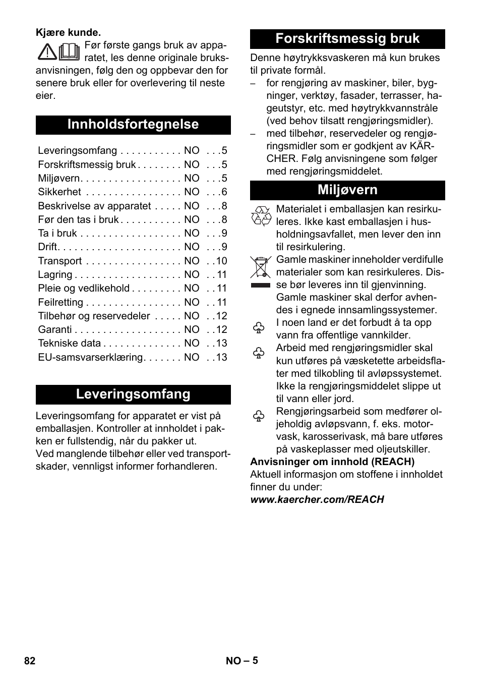 Norsk, Innholdsfortegnelse, Leveringsomfang | Forskriftsmessig bruk, Miljøvern, Leveringsomfang forskriftsmessig bruk miljøvern | Karcher K 5 Compact User Manual | Page 82 / 278