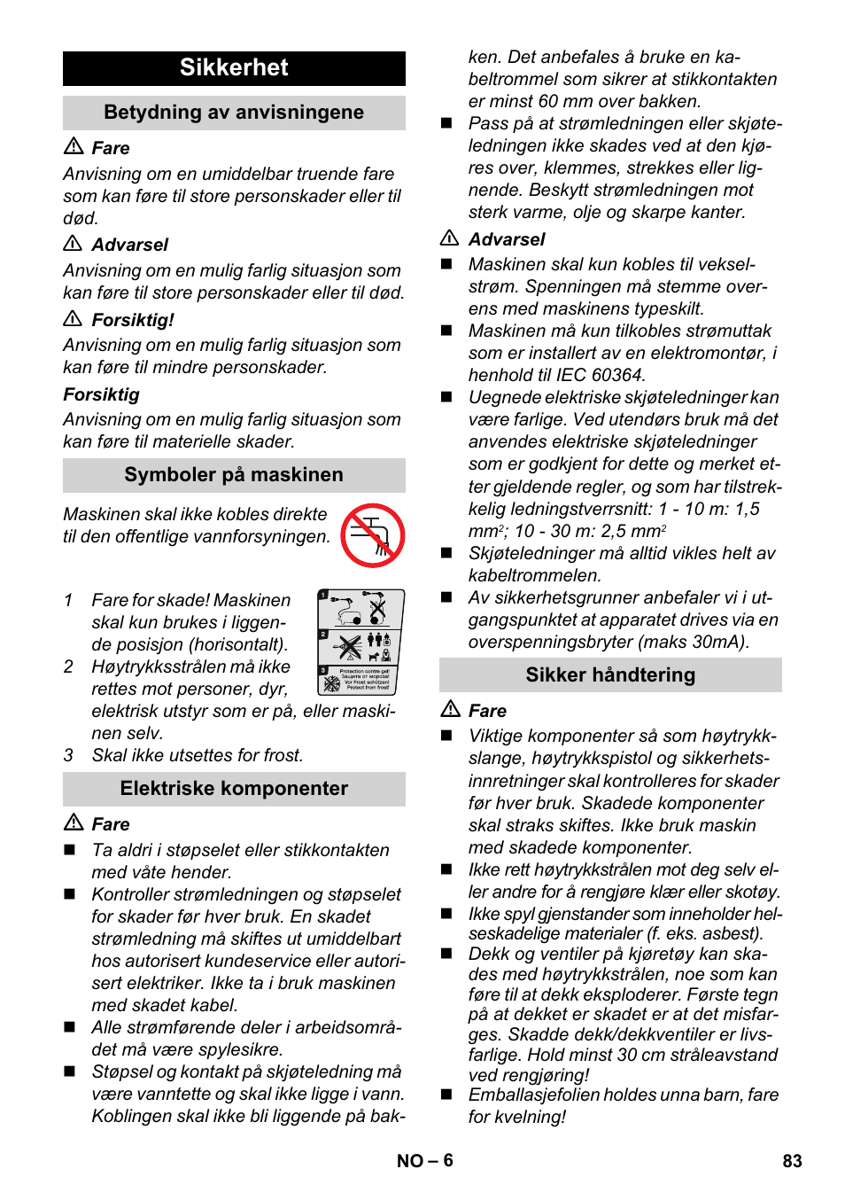 Sikkerhet, Betydning av anvisningene, Symboler på maskinen | Elektriske komponenter, Sikker håndtering | Karcher K 5 Compact User Manual | Page 83 / 278