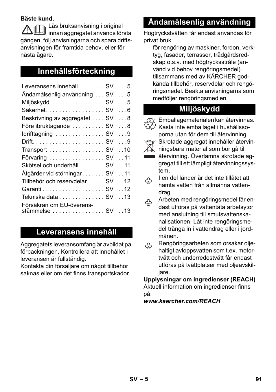 Svenska, Innehållsförteckning, Leveransens innehåll | Ändamålsenlig användning, Miljöskydd | Karcher K 5 Compact User Manual | Page 91 / 278